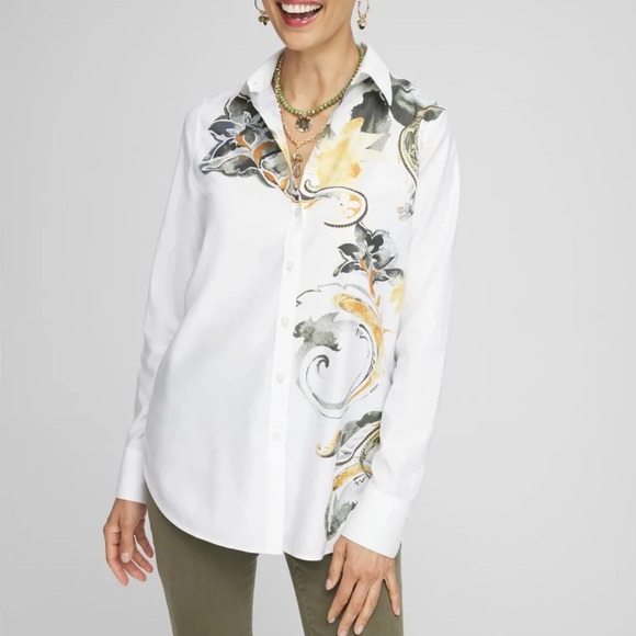 M Chico's No Iron™ Placed Floral Shirt with Black and Gold Floral Design 2/M - Picture 9 of 11